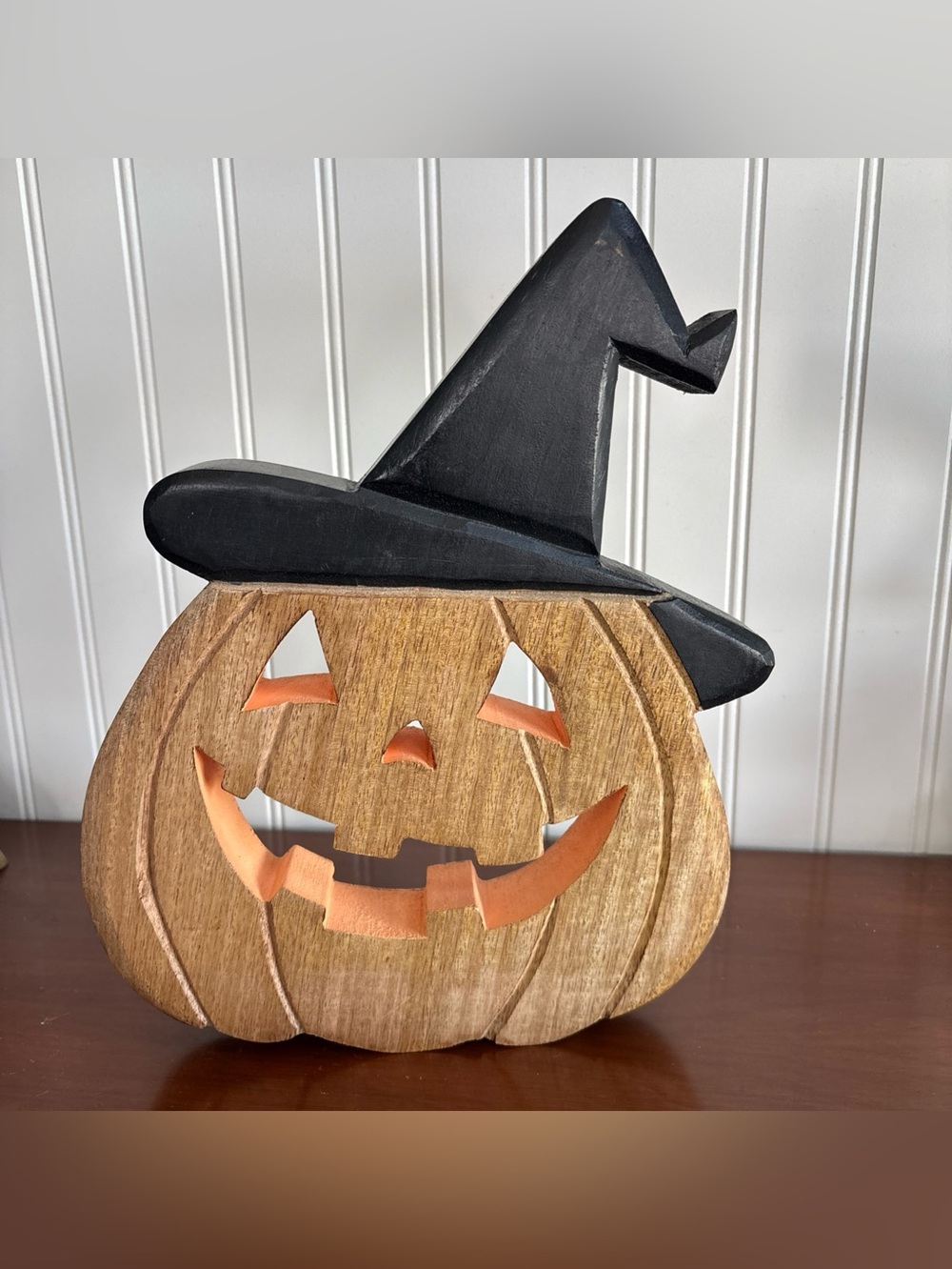 Acacia Wood Jack-o’-lantern Witch Decor
